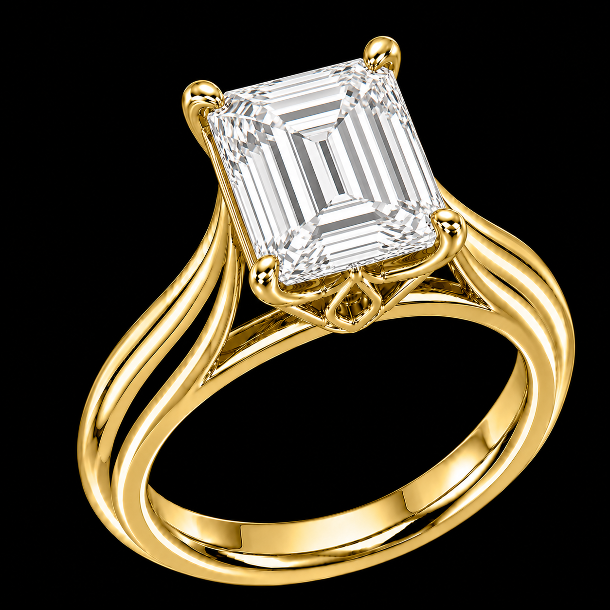 Emerald-cut Signature Petal engagement ring in yellow gold