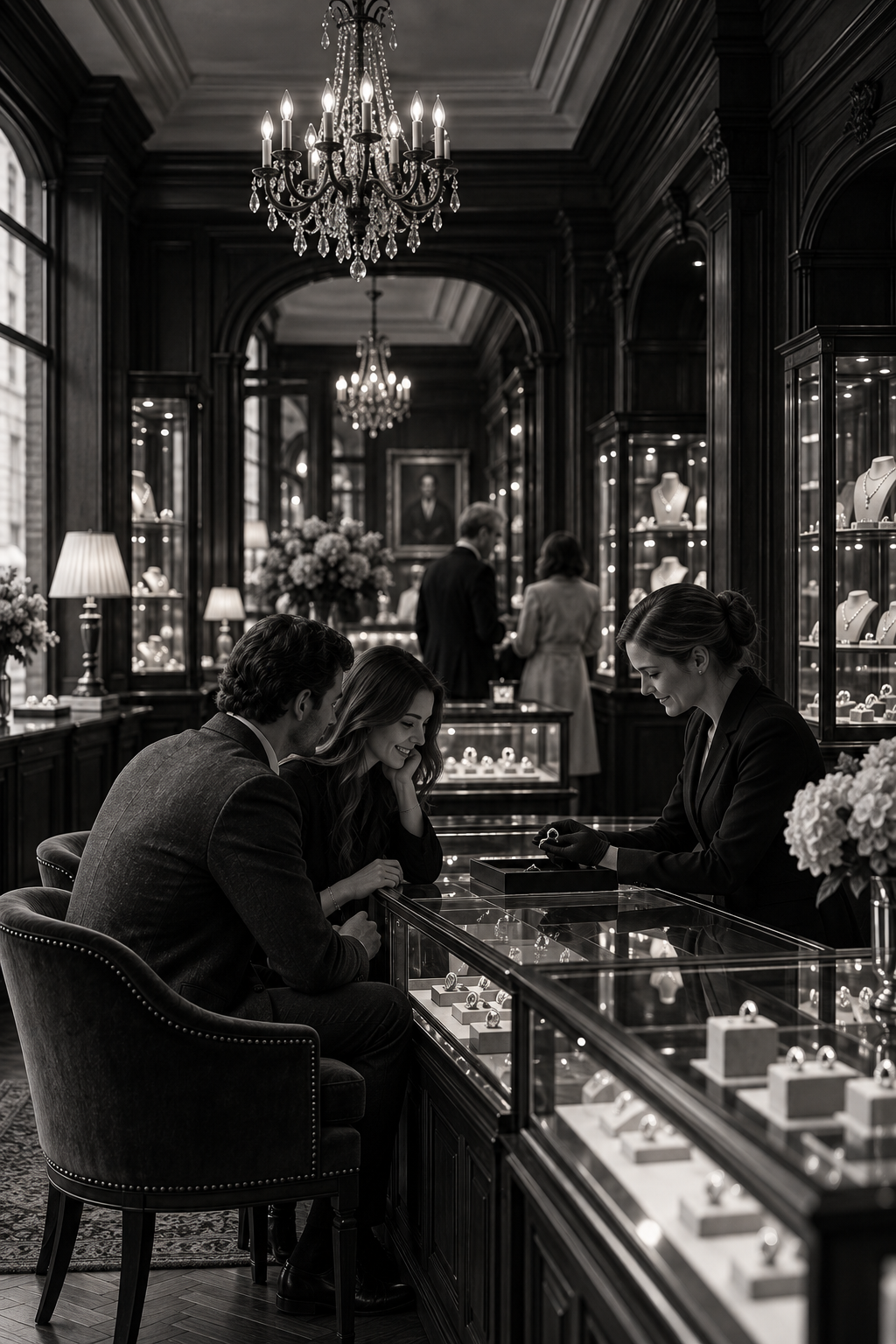 Couple viewing jewellery in an elegant private jewellery showroom