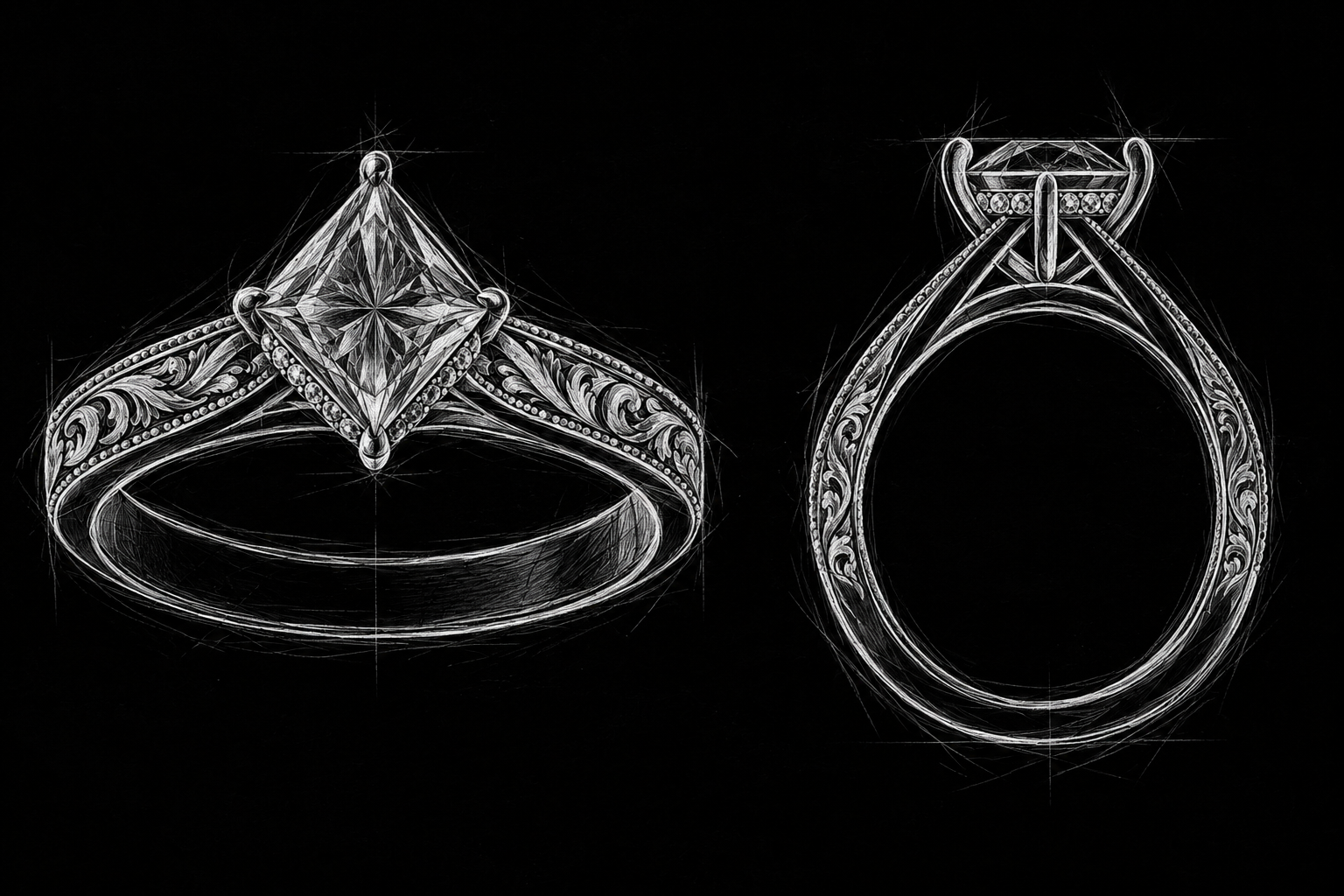 Hand-drawn concept for an ornate rose-gold princess-cut ring